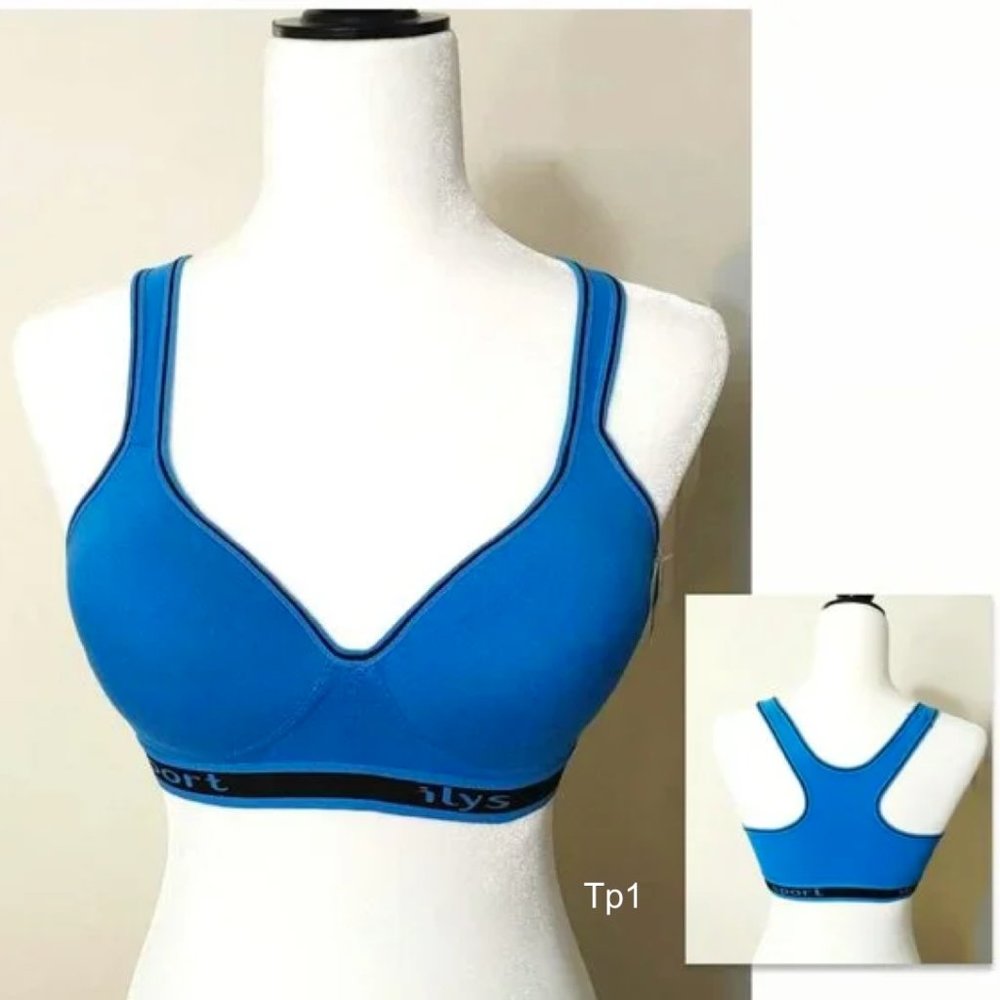 Lulola Sports Bra Blue Black Trim Elastic Stretchy Racerback 38C/85C (M-L)
